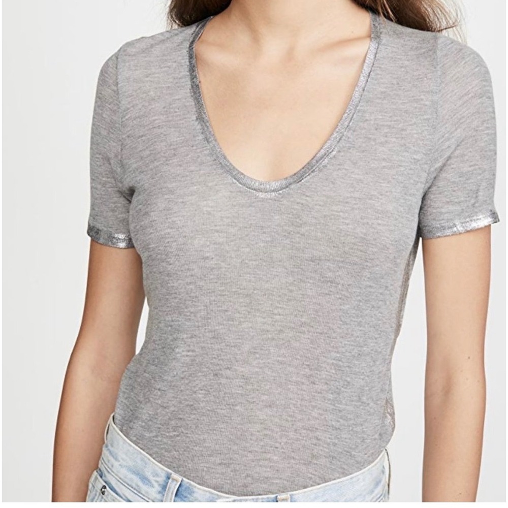 Zadig & Voltaire Tino Foil T Shirt Gray Silver Metallic Trim V Neck XS casual